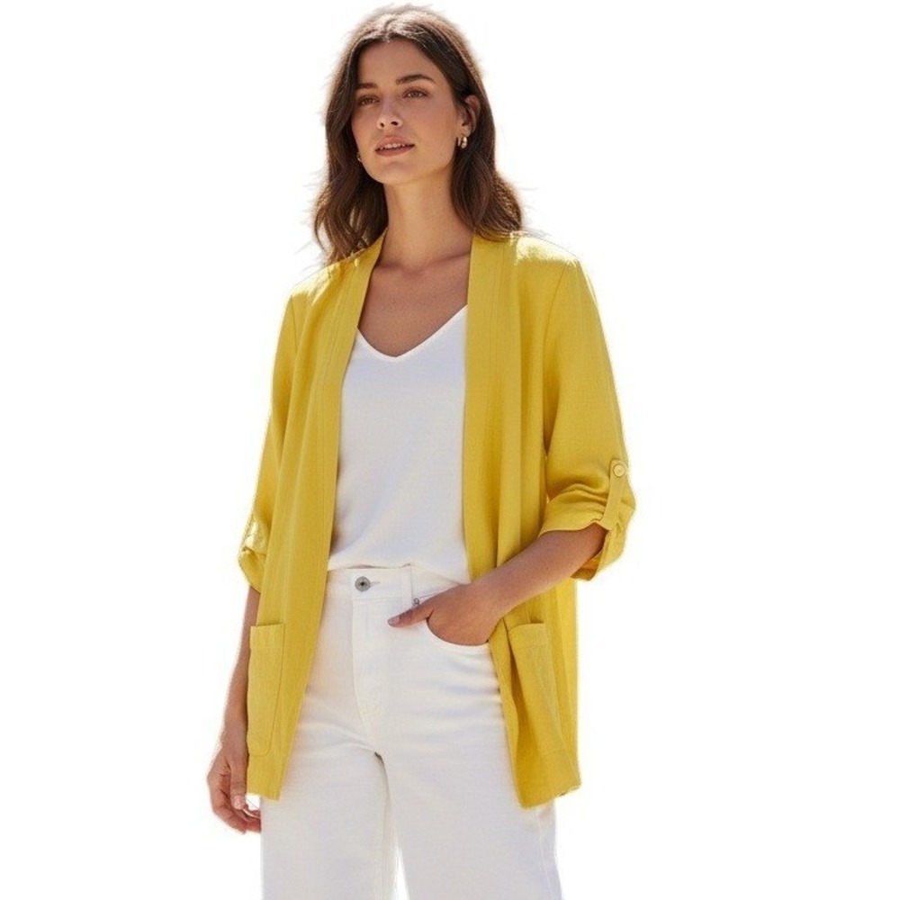 DKNY Bright‎ Yellow Blazer L NWOT Open Front 3/4 Sleeve Lightweight Coastal Chic